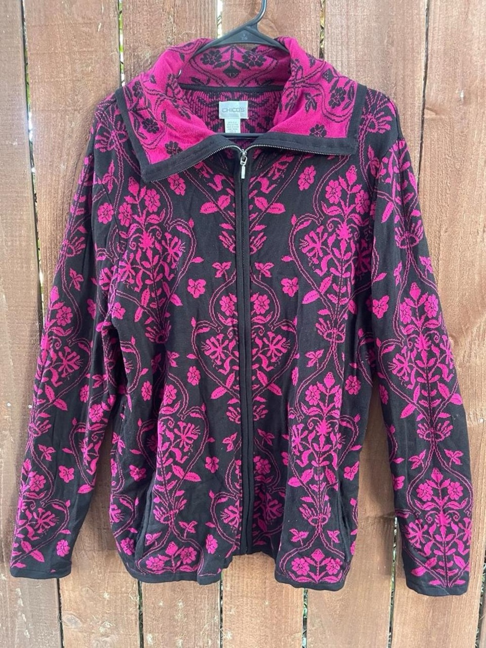 Chico's Silk Cotton Floral Full Zip Cozy Jacket Fuchsia Black Pockets Sz XL